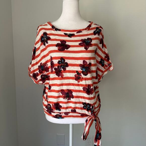 Postmark Anthropologie orange & white floral striped short sleeve top size XS - Picture 2 of 11
